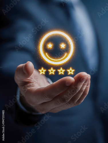 Businessman holding glowing golden smiley face with star-shaped eyes and four-star rating symbolizing high customer satisfaction and quality service experience