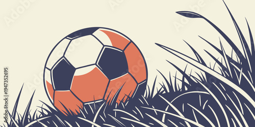 Football soccer ball resting in grass field with stadium style background. Inspirational sports concept for competition, training, teamwork, championship and athletic motivation banner design.