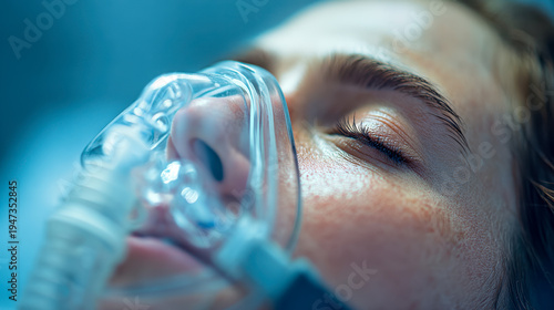 Patient with closed eyes receiving oxygen therapy through a transparent medical mask in a hospital setting during critical respiratory care treatment