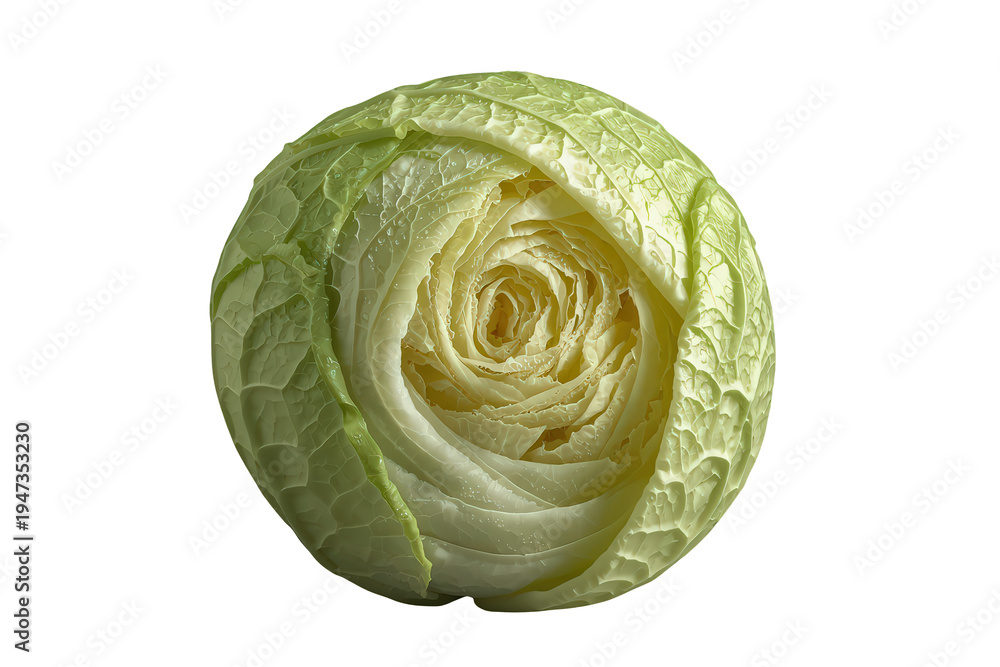 Fototapeta premium Fresh organic cabbage showing vibrant green and yellow leaves with a natural spiral pattern, transparent background