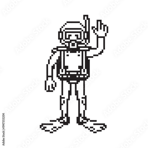 Pixelated illustration of a scuba diver waving with one hand up