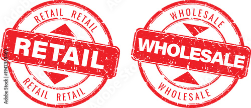 Set of red retail and wholesale round rubber stamps with grunge texture for distribution and commerce