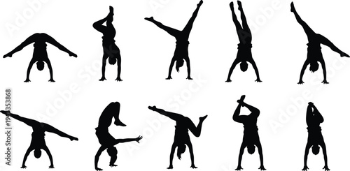 Detailed black vector silhouette collection of female gymnasts performing artistic handstands and acrobatic balance poses isolated on white background set