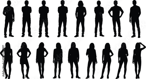 Comprehensive collection of male and female silhouettes in various standing poses and relaxed postures isolated on a white background backdrop