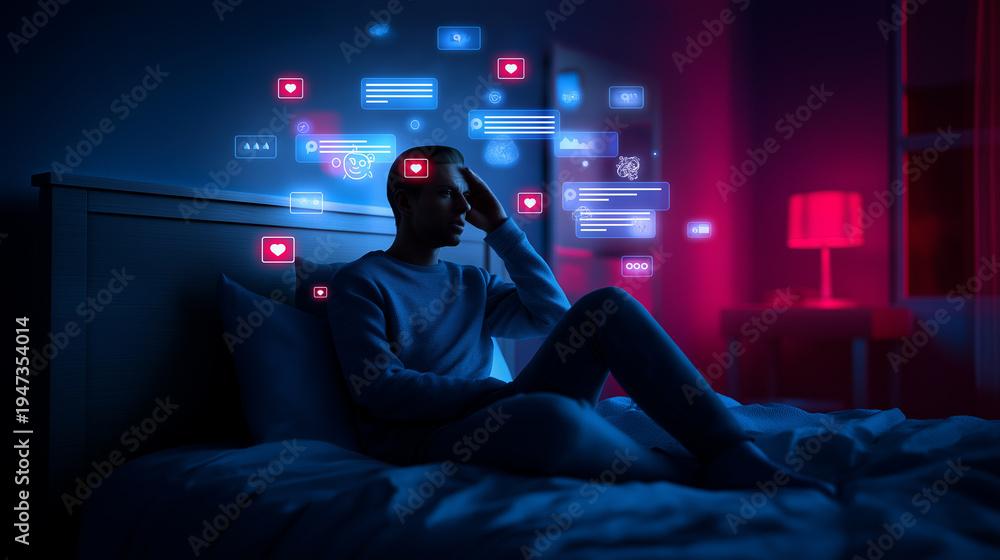 Naklejka premium Young man sitting on bed at night illuminated by floating social media notifications symbolizing digital overload and online addiction.
