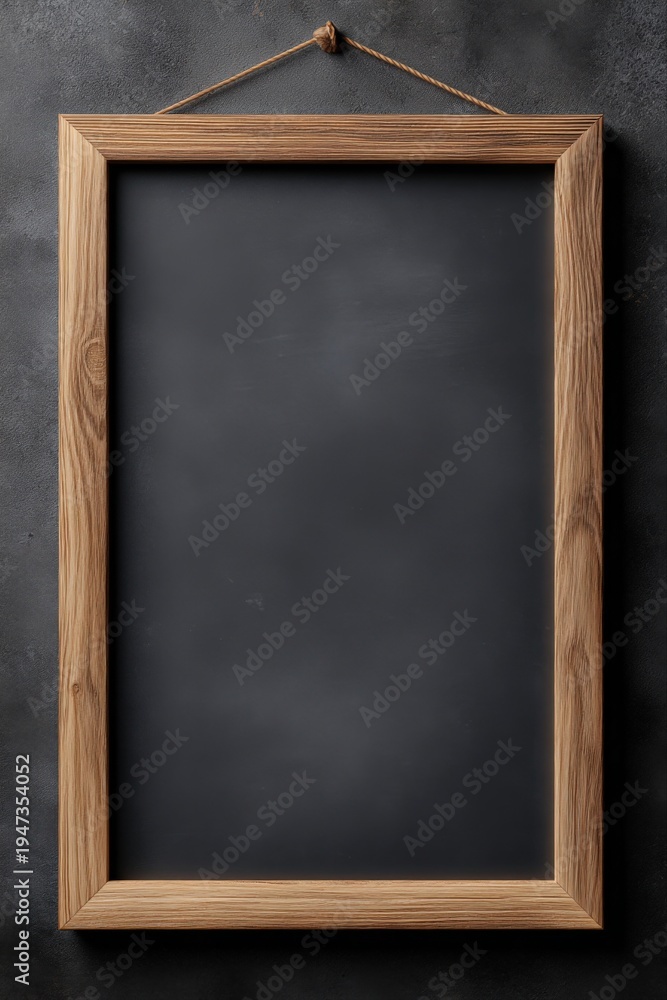 Fototapeta premium Blank Chalkboard with Wooden Frame Hanging on Dark Wall, Ready for Custom Text or Design