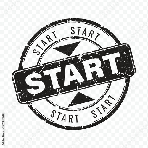 Single black vintage circular grunge rubber stamp featuring start text for beginning process and initiative launch