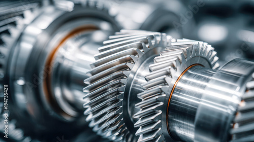 Detailed view of shiny metal gears interlocking in a mechanical system showcasing engineering precision and industrial machinery components in close-up photo