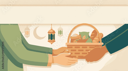 Illustration of hands giving charity basket with food and symbolic lanterns during eid al fitr celebration