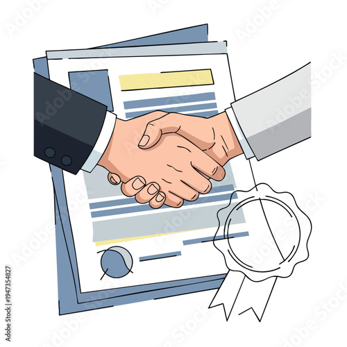 Two people in suits shake hands over a document, with a seal beneath