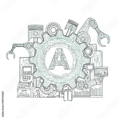 Intricate illustration of a gear with an "A" inside, surrounded by robotic arms, pistons, and circuitry