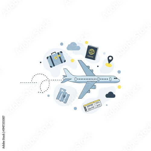 A light blue airplane flies amidst travel icons like a suitcase, passport, and ticket