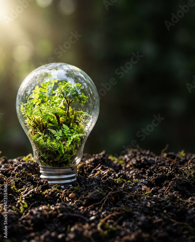 Upright Lightbulb Containing Miniature Forest on Rich Soil

