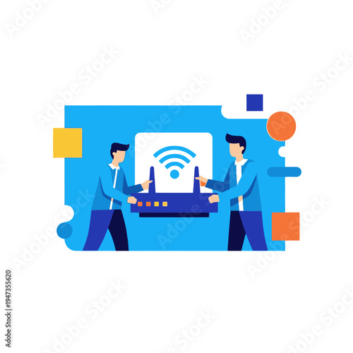 Teamwork Installing Wi-Fi Router, Network Connection, Technology Concept Illustration