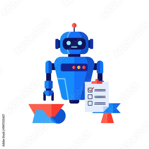 Blue robot holding checklist, automation and task management concept