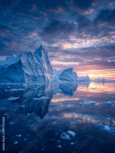 Stunning frozen landscape with towering icebergs reflecting in calm water under a dramatic colorful sunset sky in a polar environment
