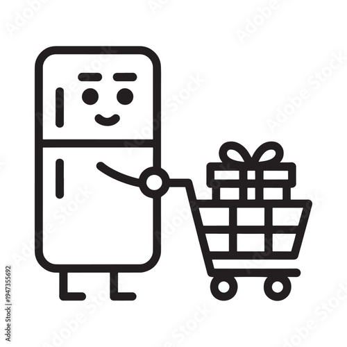 A smiling refrigerator character pushing a shopping cart full of gifts