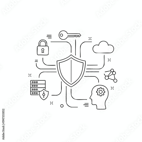 Digital security concept shield, lock, key, cloud, servers, network, human head