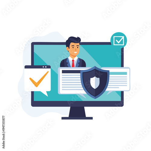 Digital shield on monitor with businessman and checklist