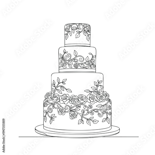 Black and white illustration of a three-tier cake with ornate floral scrolling and rose designs