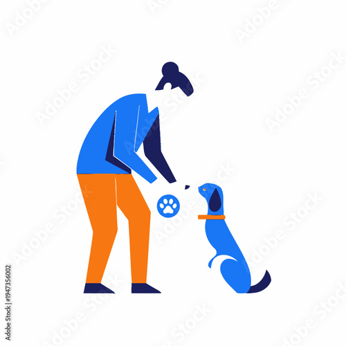 Person training blue dog with paw print ball, flat design illustration