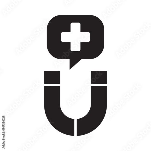 Black and white icon depicting a magnet attracting a medical symbol
