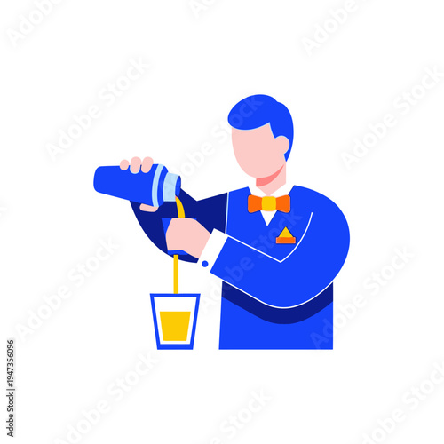 Bartender in blue suit pouring yellow drink into glass, illustration
