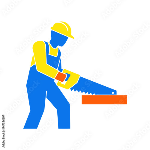 Construction worker in blue overalls and yellow hard hat sawing wood with a hand saw