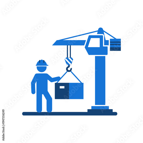 Construction worker operating crane lifting cargo box, industrial site, blue icon