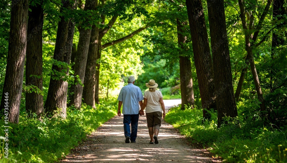 Fototapeta premium An elderly couple strolls hand-in-hand along a sun-dappled path beneath a canopy of tall trees in a lush, green forest