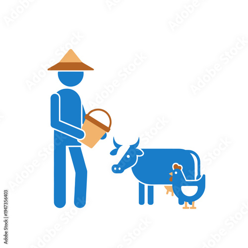 Farmer Feeding Cow and Chicken, Rural Farming, Agriculture Icon