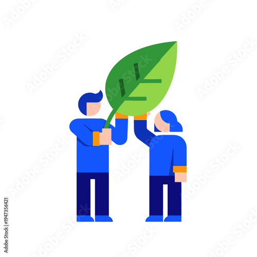 People holding a large green leaf, teamwork for environment, ecology concept