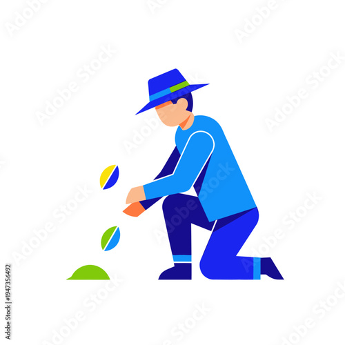Gardener planting seeds in soil, flat vector illustration