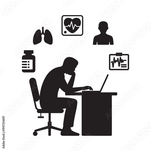 Silhouette of a person working with medical icons surrounding them