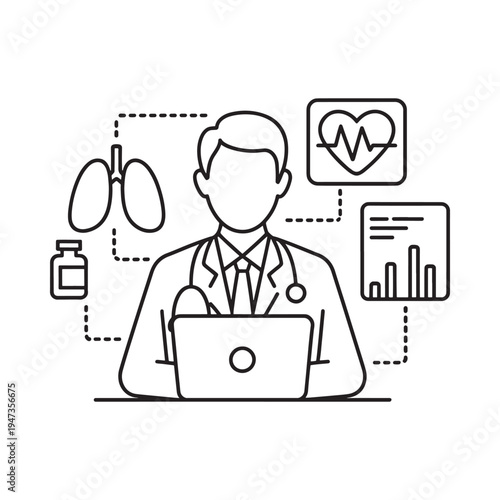 Doctor using a laptop with medical icons surrounding him in outline