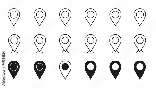 Collection of stylized location pins with varying icons and colors on a light background Vector