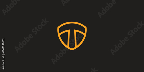 Minimalist orange outline shield logo with a stylized letter T on a dark background.