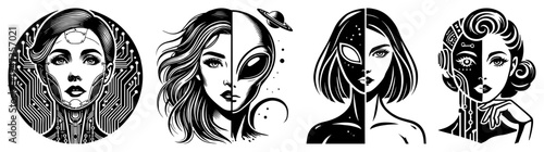 Sci-fi cyborg and alien women portraits set hand drawn. Cyberpunk girl characters and extraterrestrial lady icons vintage comic style.