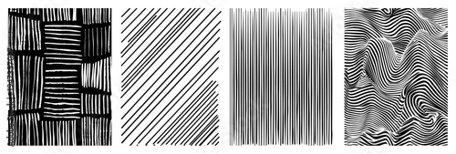 Hand drawn ink textures set with cross-hatching and wavy lines. Artistic sketch shaders and linear patterns for drawing.