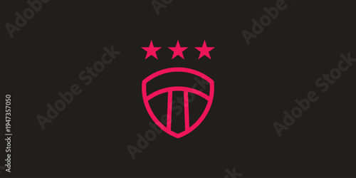 Minimalist pink shield logo with three stars and a stylized letter T on a dark background.