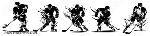 Ice hockey players action silhouettes set hand drawn. Dynamic winter sports athletes with sticks and skates team spirit illustration.