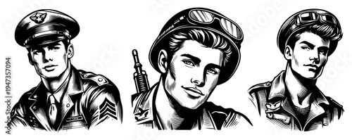 Vintage military pilots and heroic soldiers portraits set. Retro airforce officers and aviators hand drawn comic style illustration.