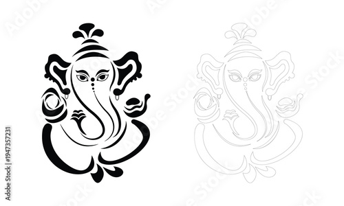 Stylized black and white outline illustration of Lord Ganesha, Hindu deity, in an artistic and abstract form.