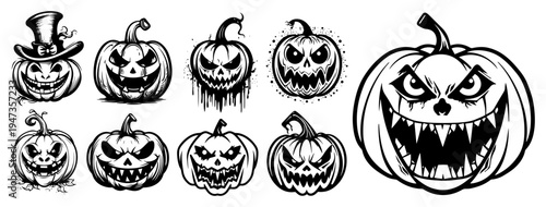 Scary Halloween Jack-o-lantern pumpkins set hand drawn ink style. Spooky carved pumpkin characters with evil faces for horror party decor.