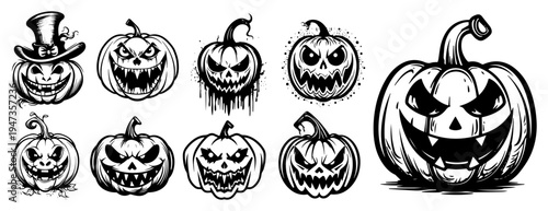 Evil Halloween pumpkin faces and Jack-o-lantern silhouettes collection. Hand drawn spooky monster pumpkins vintage comic art for autumn holiday.