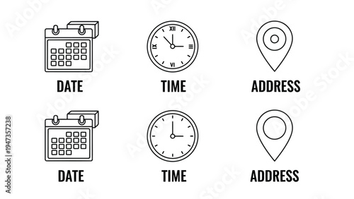 Icons representing file management, time tracking, and location services on a digital device Vector