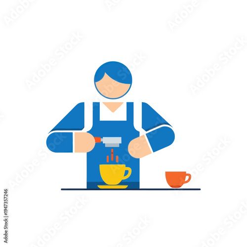 Barista making espresso coffee with machine and cups, flat vector illustration