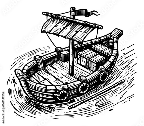 Vintage wooden boat on water woodcut style illustration. Hand drawn nautical vessel or cargo barge maritime ink sketch.