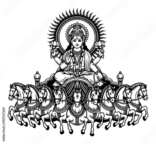 Hindu God Surya the Sun God on chariot with horses woodcut style. Indian deity spiritual mythology hand drawn ink illustration.