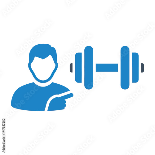 Man Icon Pointing to Dumbbell, Fitness and Strength Training Concept